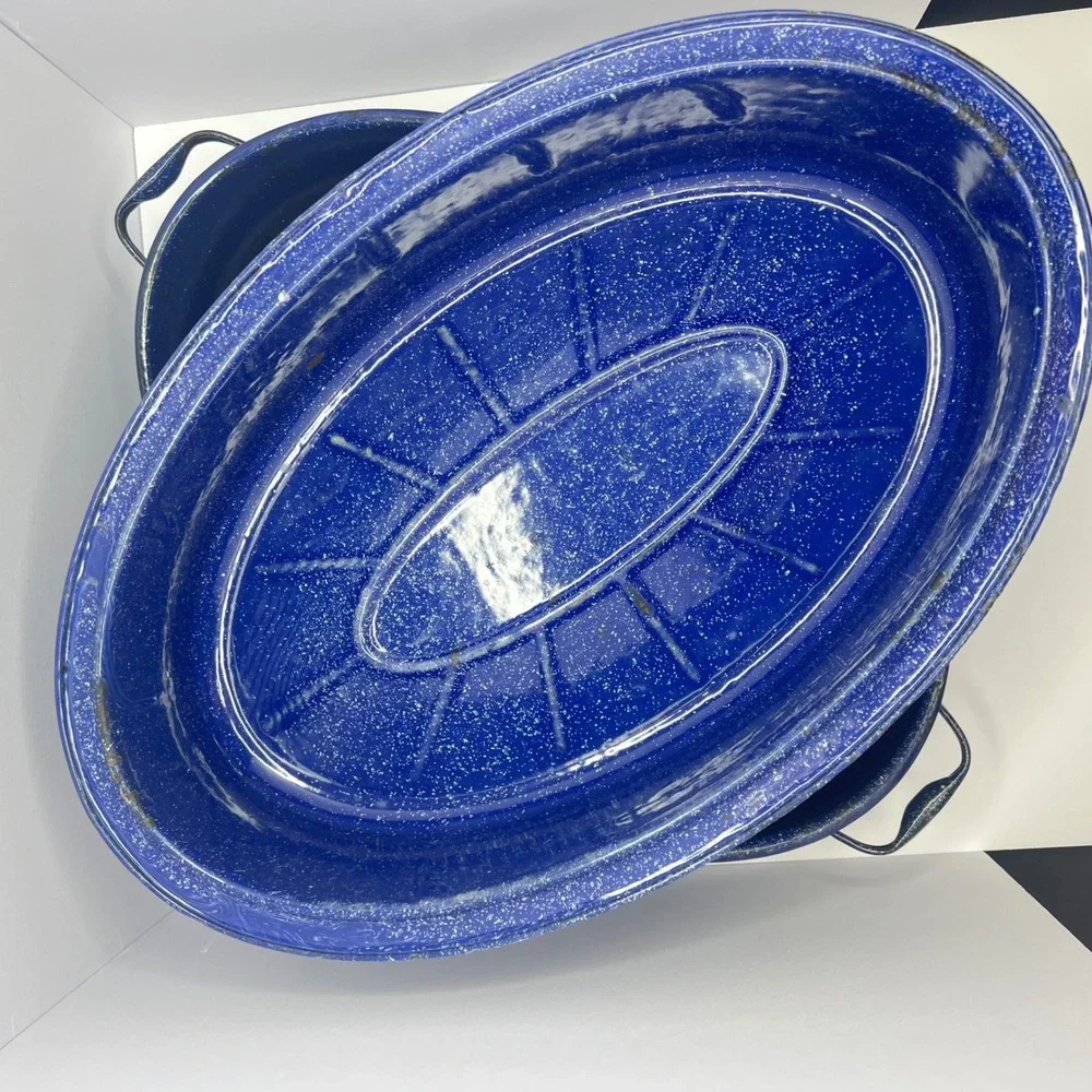 Antique Blue Speckled Enamelware Roasting Pan High Dome Lid Deep Form Farmhouse